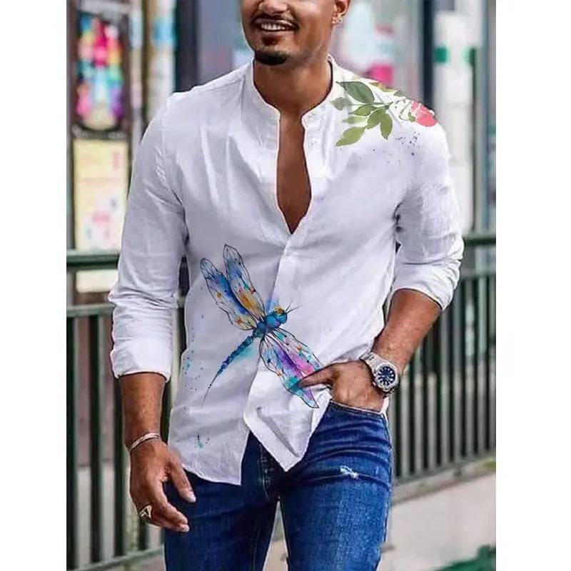 Men's Shirts Spring Summer Vintage Printed Long-sleeved Thin Button Imitation Linen Loose Shirt For Men Large Size Casual Clothes - TheWellBeing4All