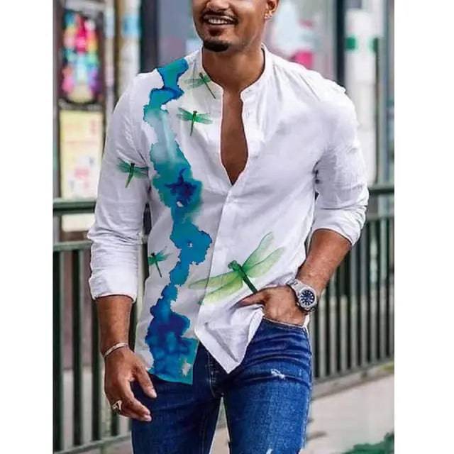 Men's Shirts Spring Summer Vintage Printed Long-sleeved Thin Button Imitation Linen Loose Shirt For Men Large Size Casual Clothes - TheWellBeing4All