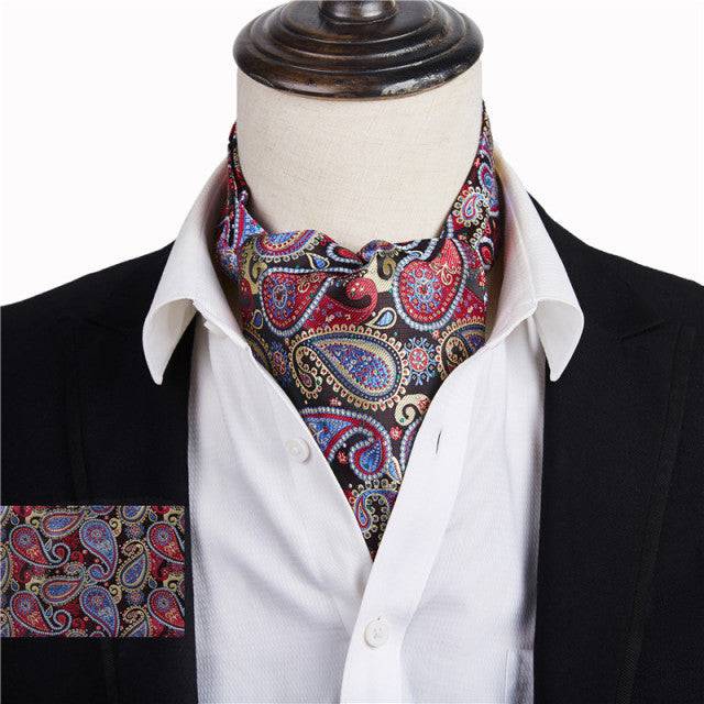 Wine Blue Floral Cravat Silk Ascot Scarf Tie Pocket Square Set - TheWellBeing4All