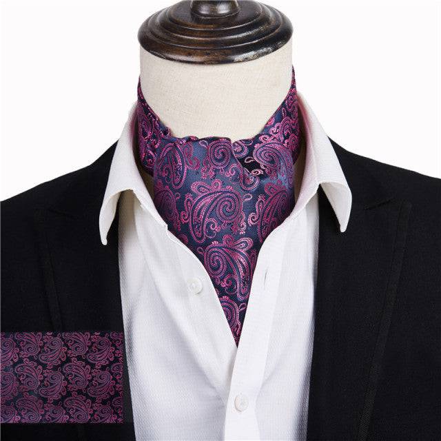 Wine Blue Floral Cravat Silk Ascot Scarf Tie Pocket Square Set - TheWellBeing4All