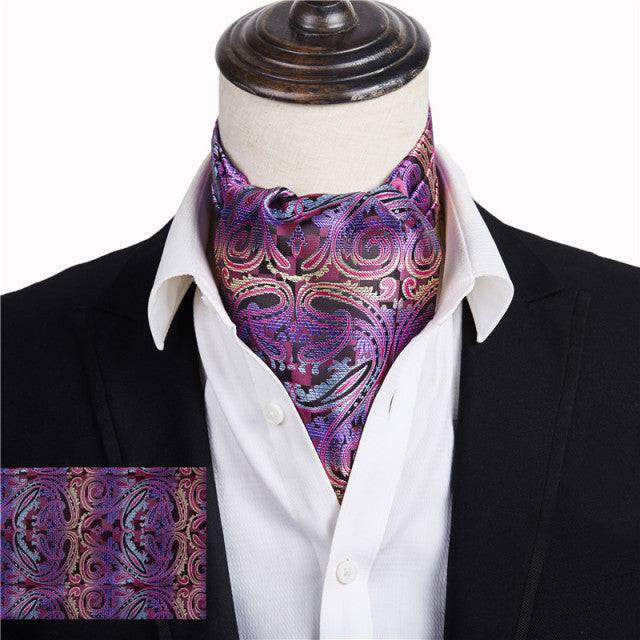 Wine Blue Floral Cravat Silk Ascot Scarf Tie Pocket Square Set - TheWellBeing4All