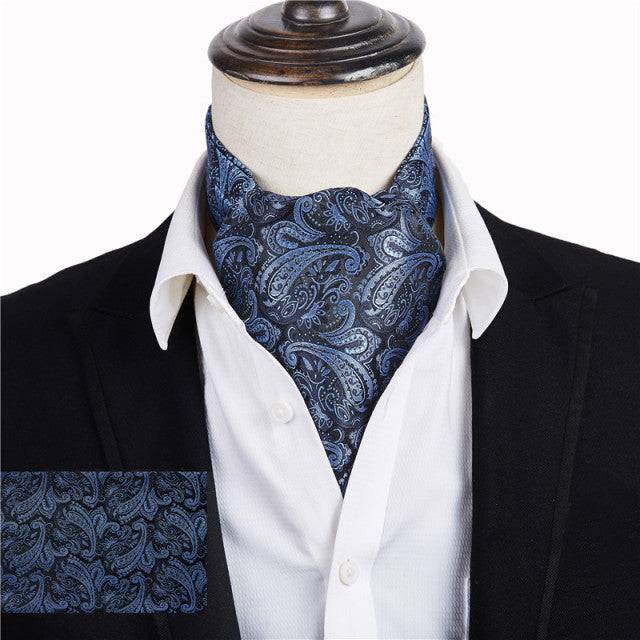 Wine Blue Floral Cravat Silk Ascot Scarf Tie Pocket Square Set - TheWellBeing4All