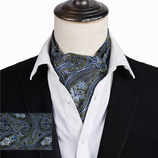 Wine Blue Floral Cravat Silk Ascot Scarf Tie Pocket Square Set - TheWellBeing4All