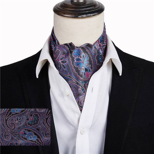 Wine Blue Floral Cravat Silk Ascot Scarf Tie Pocket Square Set - TheWellBeing4All