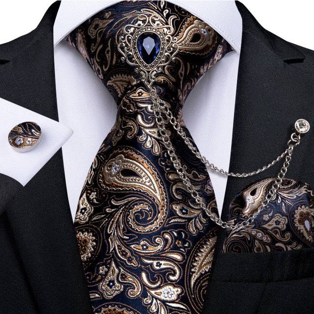 Tie Brooch Set Luxury Paisley Silk Tie Handkerchief Cufflinks Set - TheWellBeing4All