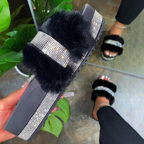 Slippers Platform Wedges Heel Solid Fluffy Furry - TheWellBeing4All