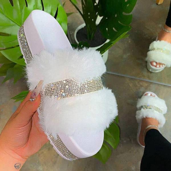 Slippers Platform Wedges Heel Solid Fluffy Furry - TheWellBeing4All