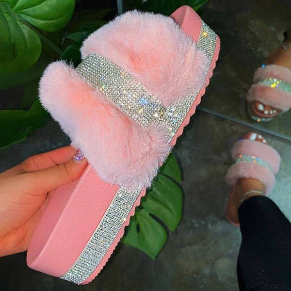 Slippers Platform Wedges Heel Solid Fluffy Furry - TheWellBeing4All