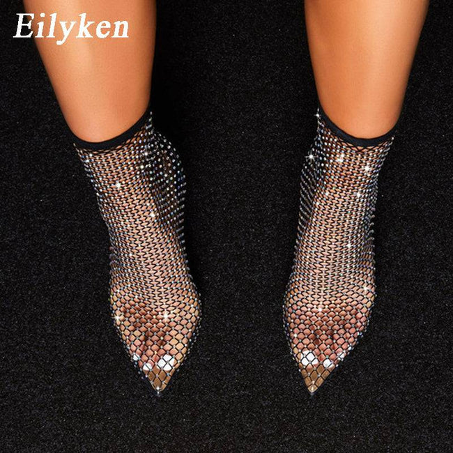 Crystal Rhinestone Mesh Stretch Fabric Sock Boots Transparent Pointed Toe Shoes Sexy High Heels - TheWellBeing4All