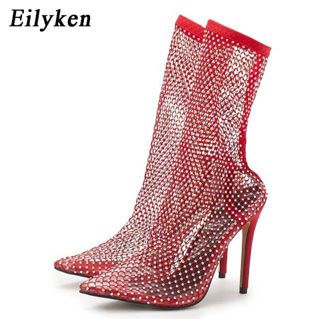 Crystal Rhinestone Mesh Stretch Fabric Sock Boots Transparent Pointed Toe Shoes Sexy High Heels - TheWellBeing4All