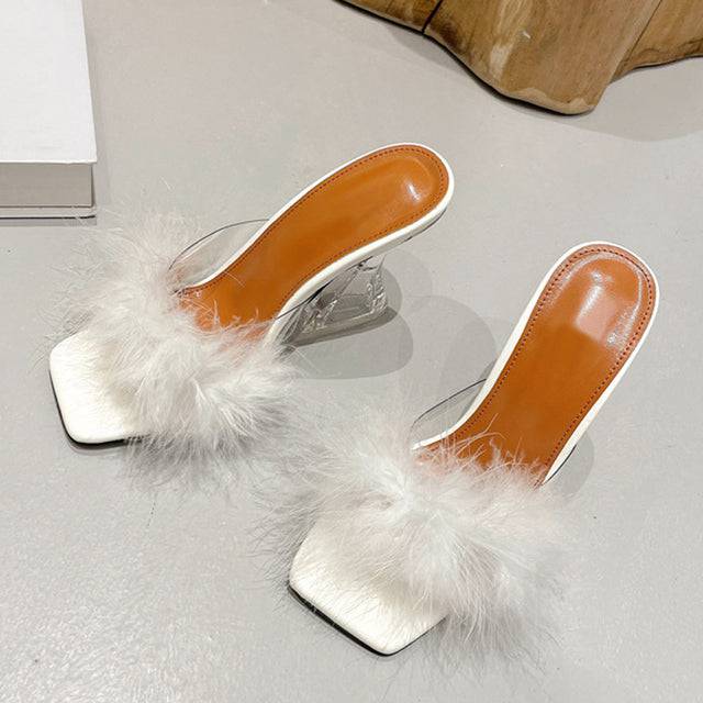 Strange Transparent Heels Slippers Feather Summer Sandals Peep Toe Slip-On - TheWellBeing4All