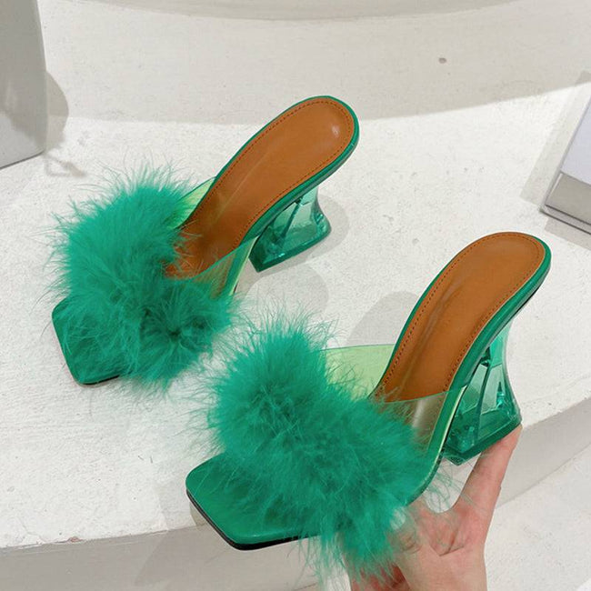 Strange Transparent Heels Slippers Feather Summer Sandals Peep Toe Slip-On - TheWellBeing4All