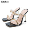 Transparent High Heel Slippers Chain Design Slip On Square Toe Slides - TheWellBeing4All