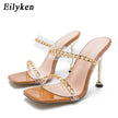 Transparent High Heel Slippers Chain Design Slip On Square Toe Slides - TheWellBeing4All