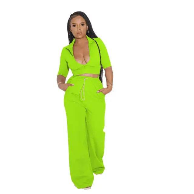 Set Half Sleeve Crop Top+Pocket Loose Wide Leg Pants Tracksuit Co Ord Outfits Sweat Suit - TheWellBeing4All