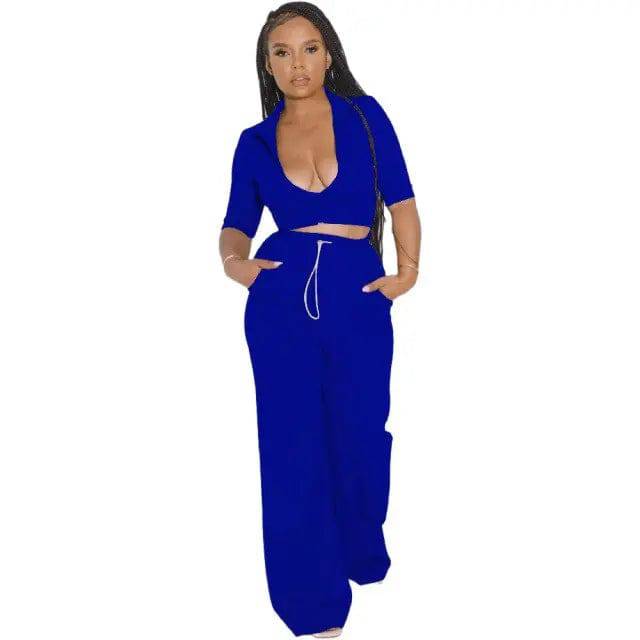 Set Half Sleeve Crop Top+Pocket Loose Wide Leg Pants Tracksuit Co Ord Outfits Sweat Suit - TheWellBeing4All