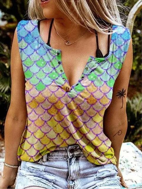 Vest Multicolor Printing V Collar Sleeveless T-shirt - TheWellBeing4All