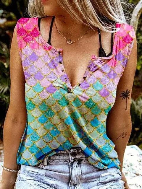 Vest Multicolor Printing V Collar Sleeveless T-shirt - TheWellBeing4All