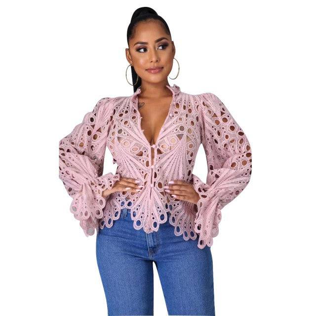 Women's Elegant V-Neck Hollow Out Mesh Lace Shirt - TheWellBeing4All