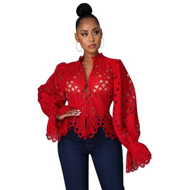 Women's Elegant V-Neck Hollow Out Mesh Lace Shirt - TheWellBeing4All