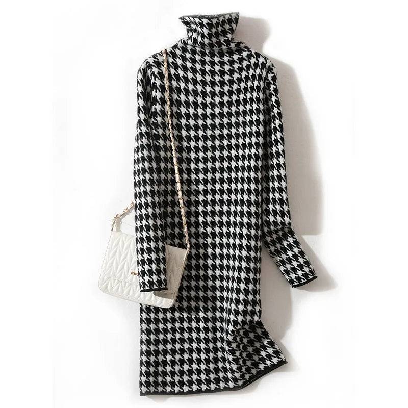 Houndstooth casual thick warm high-neck knitted bottoming dress - TheWellBeing4All