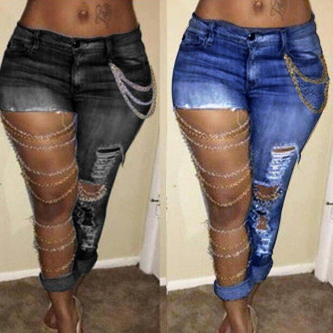 Large Ripped Hole Stretch Denim Jean - TheWellBeing4All