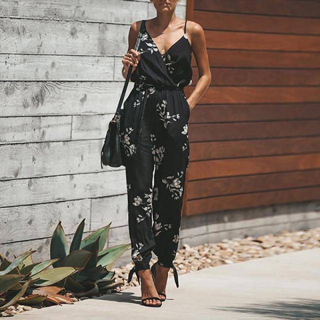 Sleeveless V-Neck  Floral Print Wide Leg Long Pants Rompers Ladies Spaghetti Strap - TheWellBeing4All