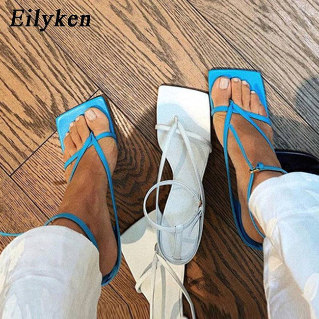 Pinch Narrow Band Women Gladiator Sandal Ladies Square Open Toe Ankle Buckle Strap Stiletto Heels - TheWellBeing4All