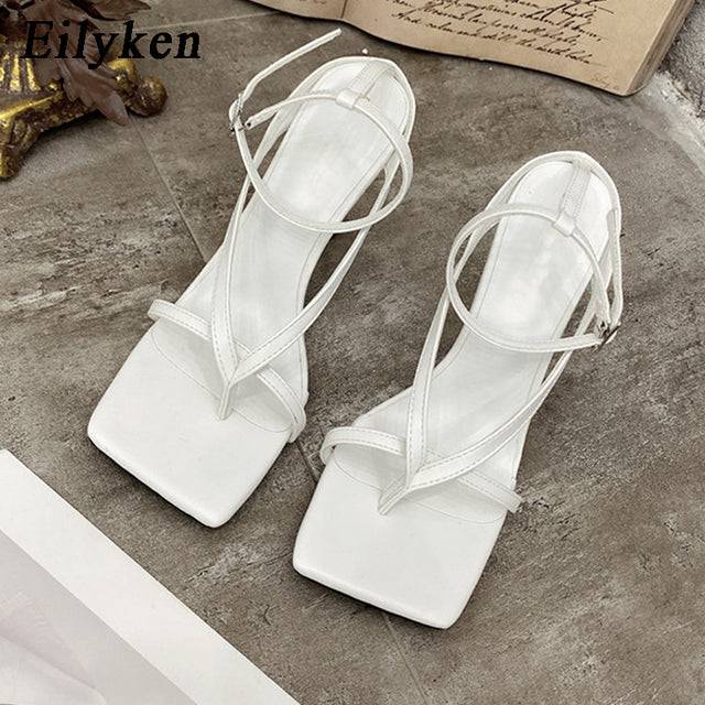 Pinch Narrow Band Women Gladiator Sandal Ladies Square Open Toe Ankle Buckle Strap Stiletto Heels - TheWellBeing4All