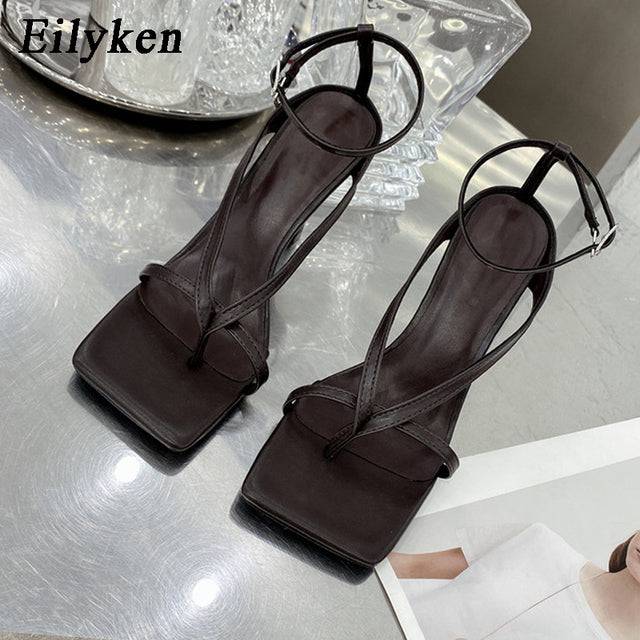 Pinch Narrow Band Women Gladiator Sandal Ladies Square Open Toe Ankle Buckle Strap Stiletto Heels - TheWellBeing4All