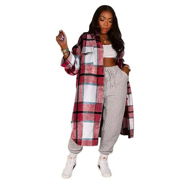 Elegant Fashion Checkered Coat Women Autumn Winter Clothing 2021 Single Breasted Long Flannel Plaid Jacket D74-DG57 - TheWellBeing4All