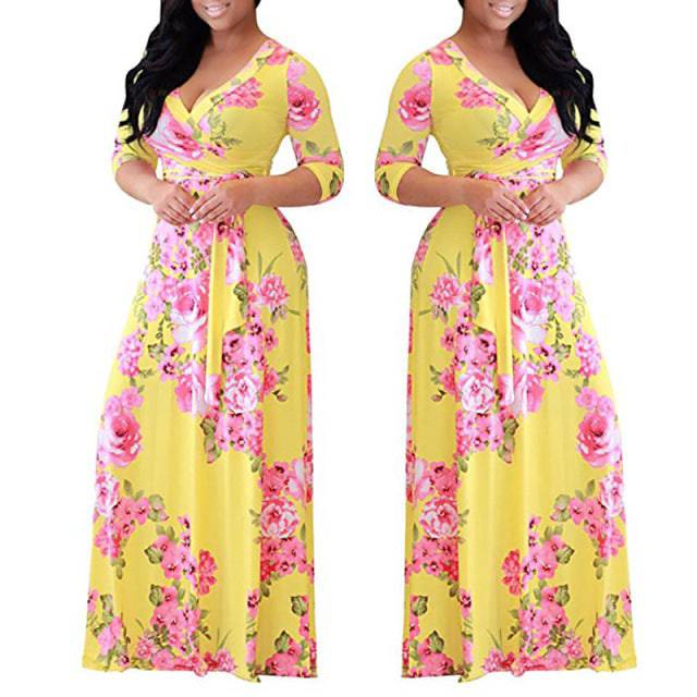 V Neck High Waist Office Ladies Dress Maxi Dresses - TheWellBeing4All