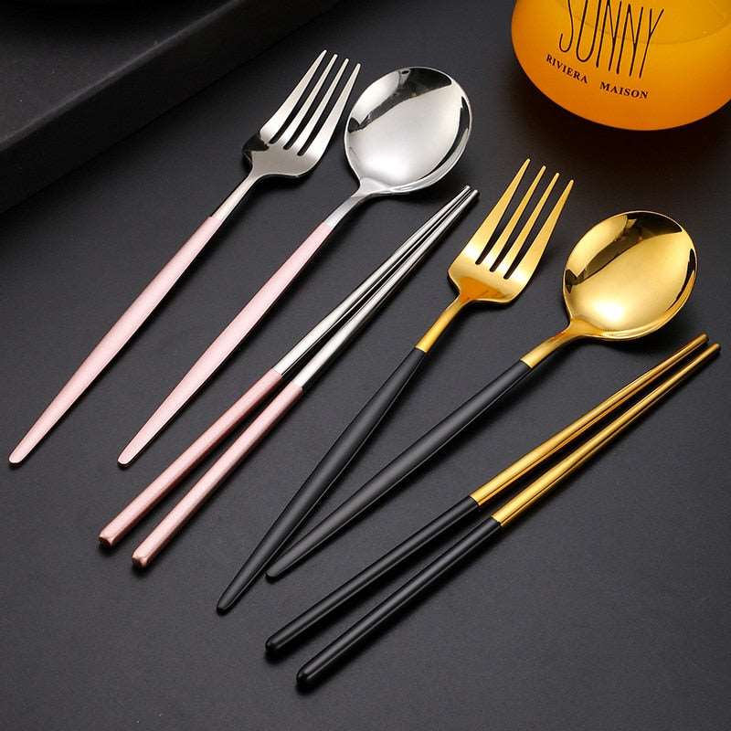 3 Pcs Dinnerware Set Stainless Steel Eco-friendly Spoon Fork  Chopsticks Travel Metal Cutlery Set Portable - TheWellBeing4All