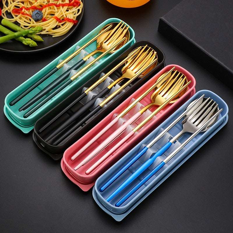 3 Pcs Dinnerware Set Stainless Steel Eco-friendly Spoon Fork  Chopsticks Travel Metal Cutlery Set Portable - TheWellBeing4All