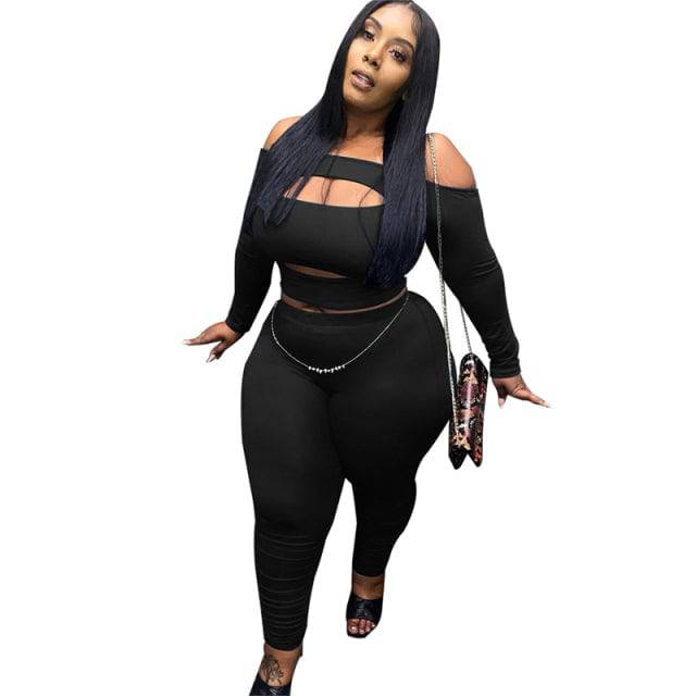 Plus size Outfit Two Piece Set Women Backless Off Shoulder Top and Pants Bodycon - TheWellBeing4All