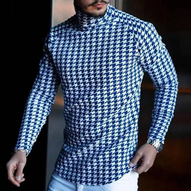 Houndstooth Print Men T-shirt Turtleneck Long Sleeve Casual Thin Autumn Winter 2021 Basic T Shirts Men's Tops Pullover Top Male - TheWellBeing4All