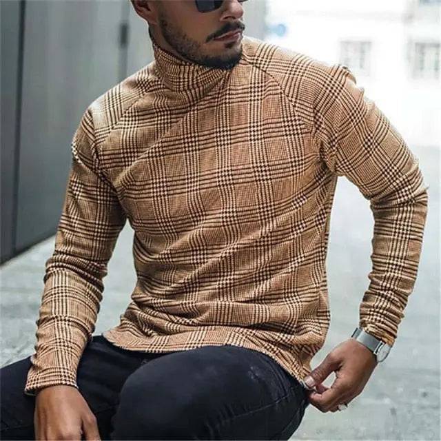 Houndstooth Print Men T-shirt Turtleneck Long Sleeve Casual Thin Autumn Winter 2021 Basic T Shirts Men's Tops Pullover Top Male - TheWellBeing4All