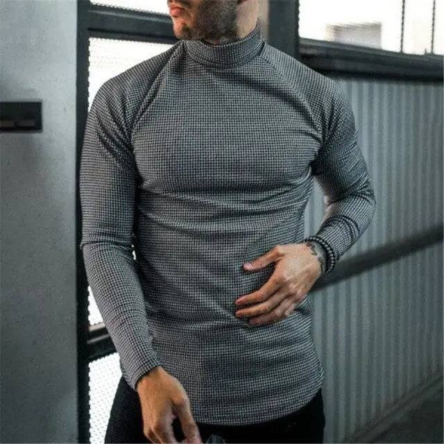 Houndstooth Print Men T-shirt Turtleneck Long Sleeve Casual Thin Autumn Winter 2021 Basic T Shirts Men's Tops Pullover Top Male - TheWellBeing4All