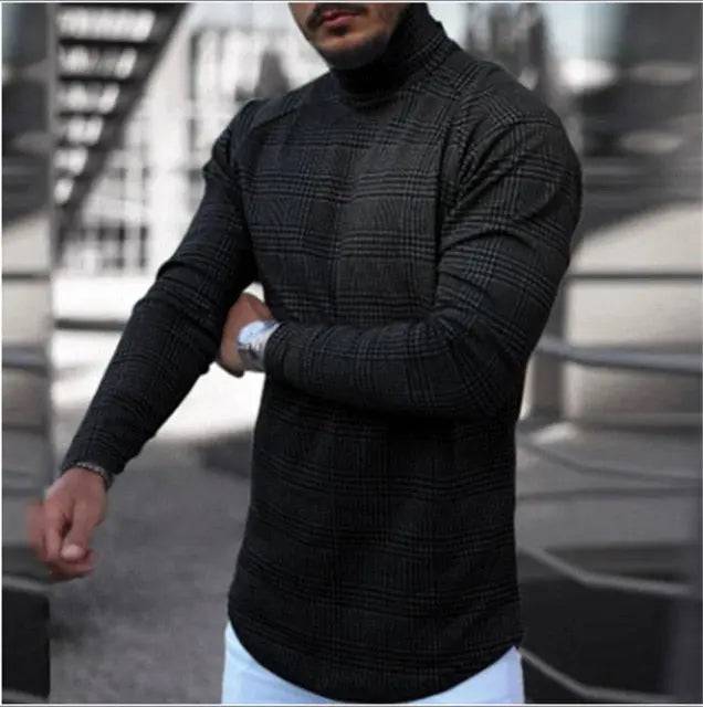 Houndstooth Print Men T-shirt Turtleneck Long Sleeve Casual Thin Autumn Winter 2021 Basic T Shirts Men's Tops Pullover Top Male - TheWellBeing4All