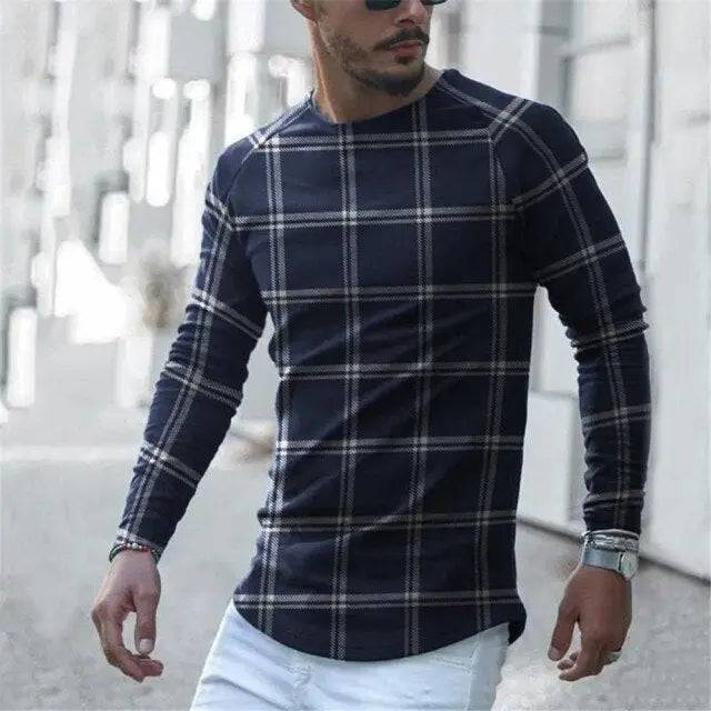 Houndstooth Print Men T-shirt Turtleneck Long Sleeve Casual Thin Autumn Winter 2021 Basic T Shirts Men's Tops Pullover Top Male - TheWellBeing4All