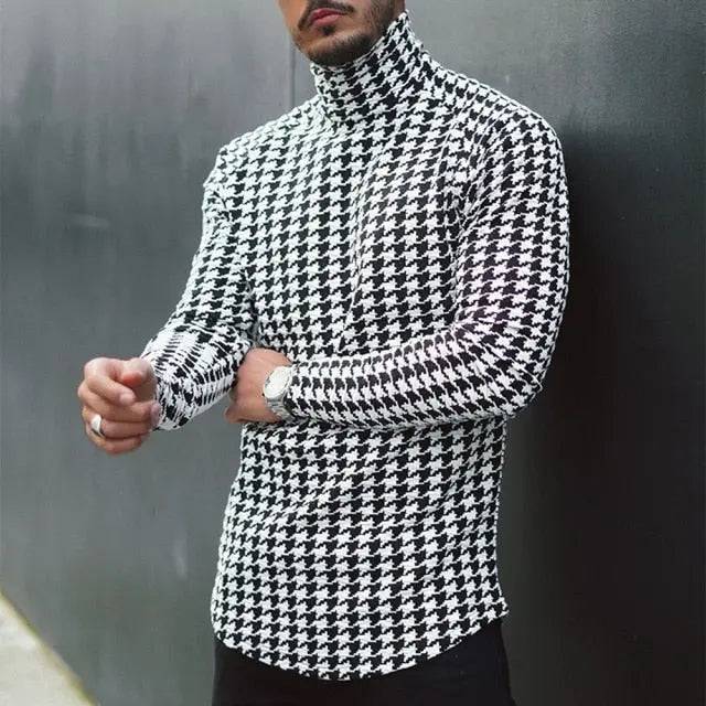 Houndstooth Print Men T-shirt Turtleneck Long Sleeve Casual Thin Autumn Winter 2021 Basic T Shirts Men's Tops Pullover Top Male - TheWellBeing4All