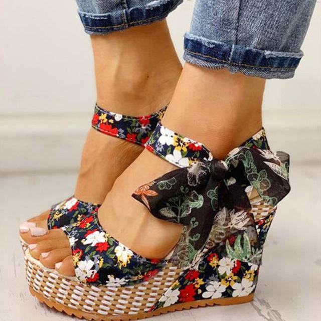 Women Sandals Dot Bowknot Design Platform Wedge Female Casual High Increase Shoes Ankle Strap Open Toe Sandals - TheWellBeing4All