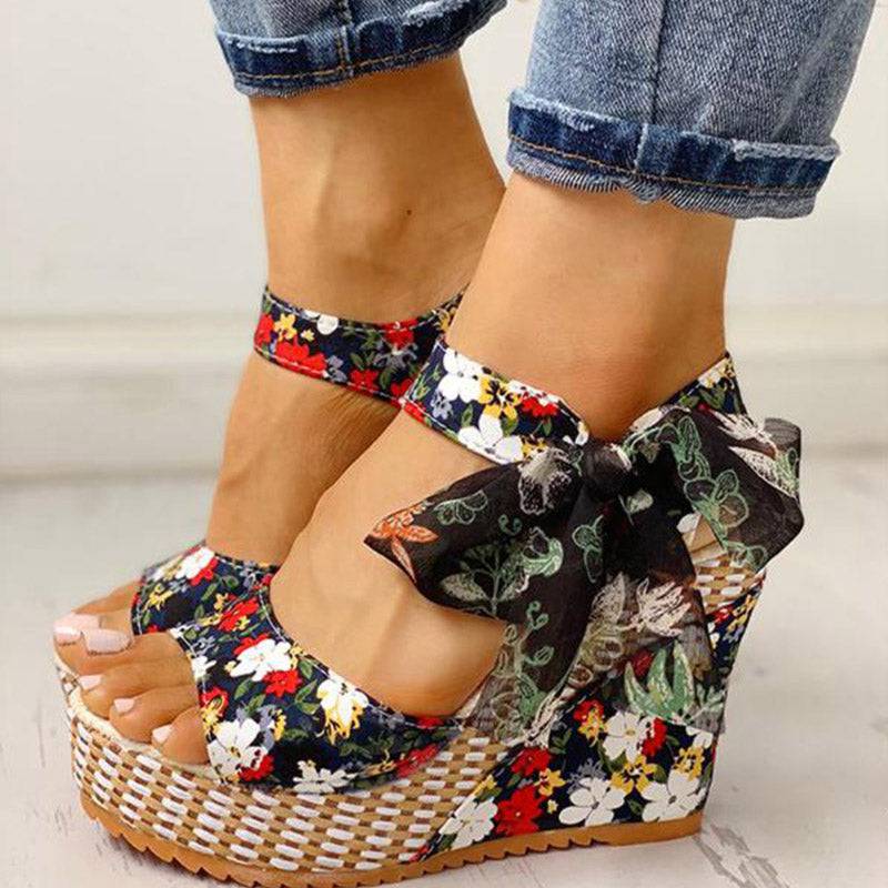 Women Sandals Dot Bowknot Design Platform Wedge Female Casual High Increase Shoes Ankle Strap Open Toe Sandals - TheWellBeing4All