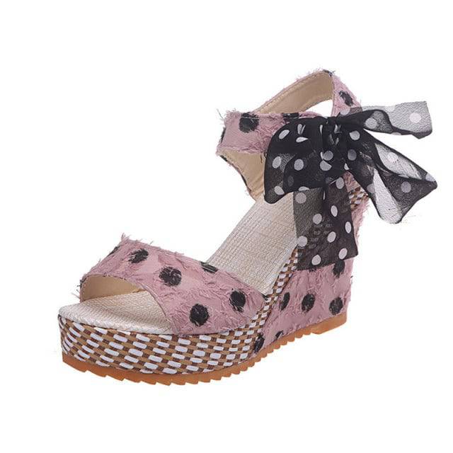 Women Sandals Dot Bowknot Design Platform Wedge Female Casual High Increase Shoes Ankle Strap Open Toe Sandals - TheWellBeing4All