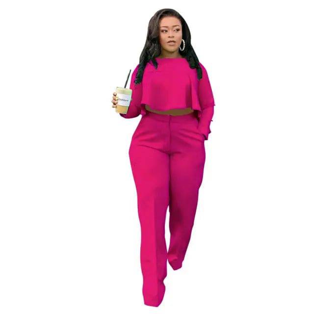 Long Sleeve Crop Top+Wide Leg Pants Two Piece Set Plus Size Sportswear - TheWellBeing4All