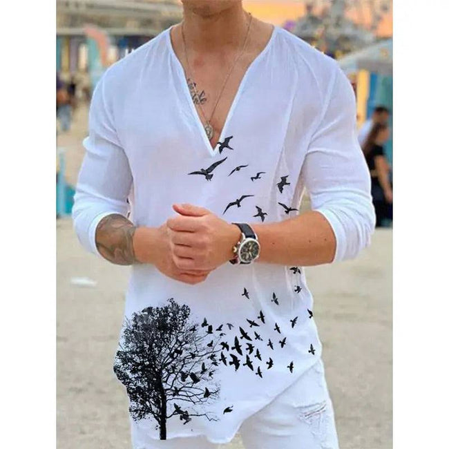 T-shirt V-neck Printing Long Sleeve Slim Breathable High Quality Solid Color Top Tee - TheWellBeing4All