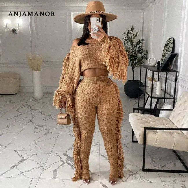 Tassel Knitted Sweater Sexy Two Pieces Set Matching Pants Sets Fashion Winter Outfits - TheWellBeing4All