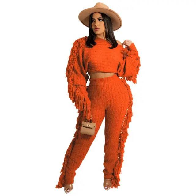 Tassel Knitted Sweater Sexy Two Pieces Set Matching Pants Sets Fashion Winter Outfits - TheWellBeing4All