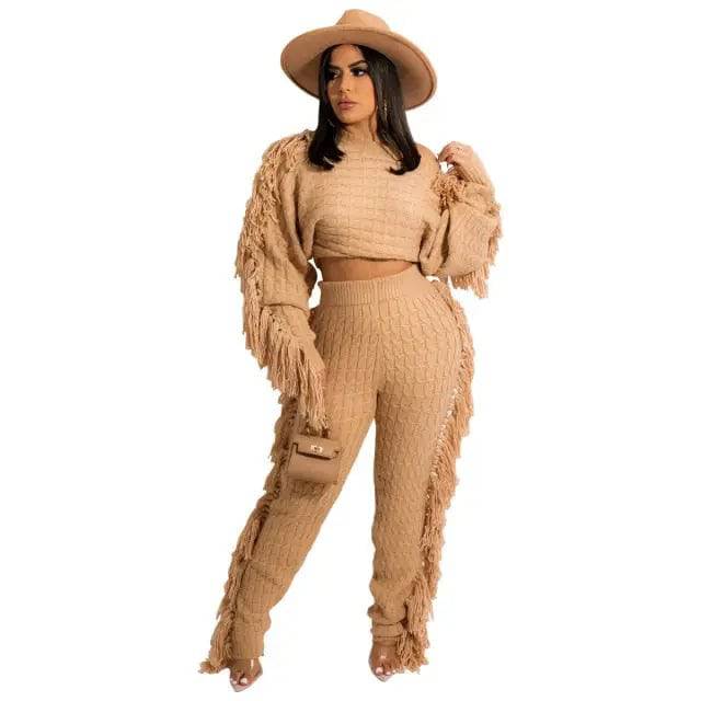 Tassel Knitted Sweater Sexy Two Pieces Set Matching Pants Sets Fashion Winter Outfits - TheWellBeing4All