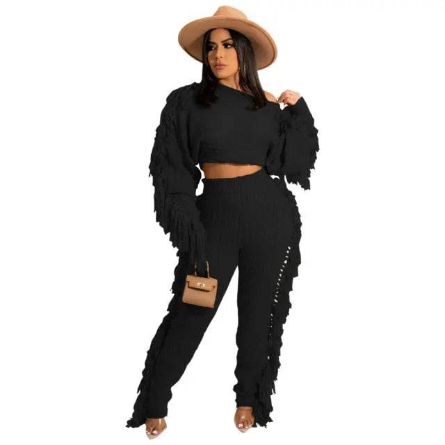 Tassel Knitted Sweater Sexy Two Pieces Set Matching Pants Sets Fashion Winter Outfits - TheWellBeing4All